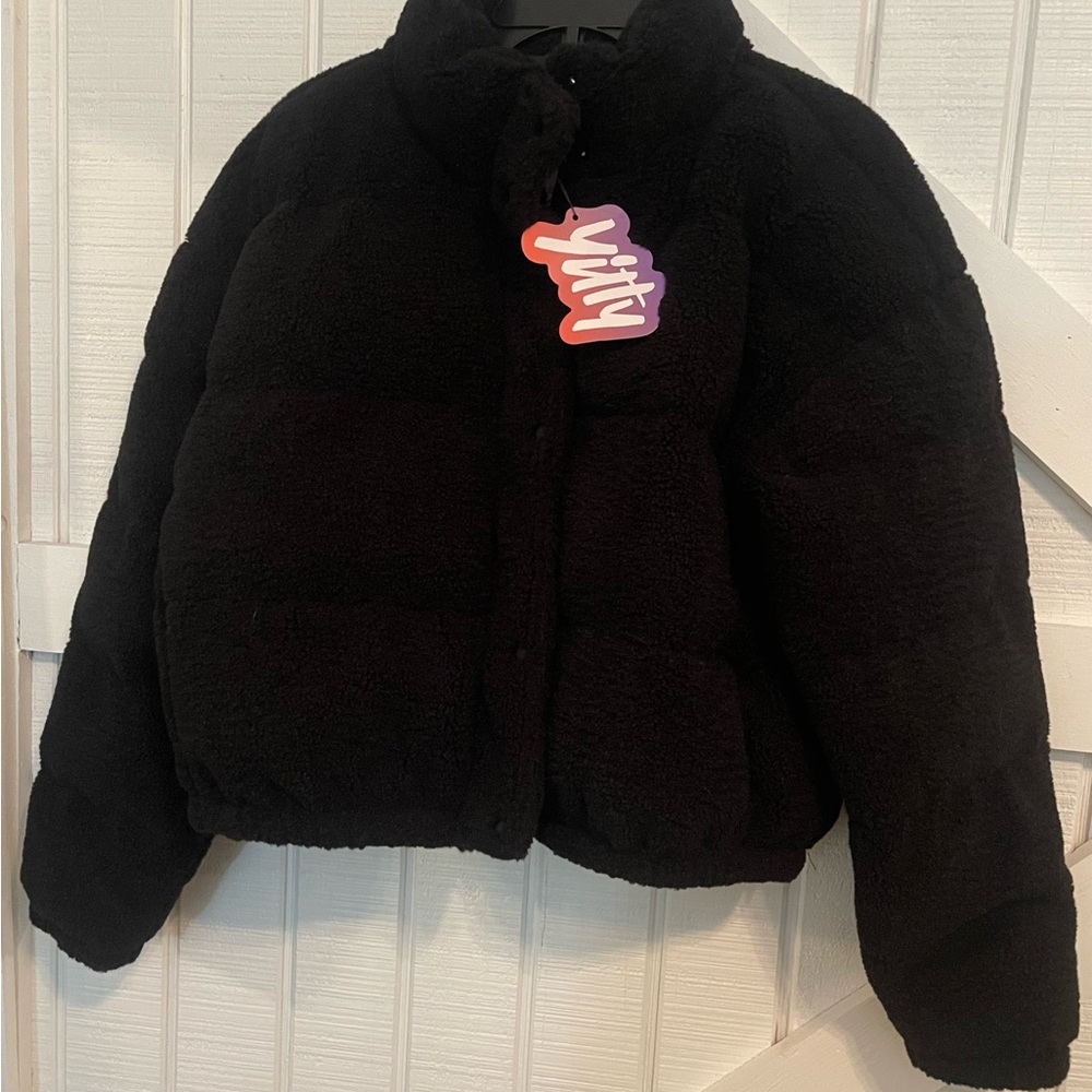 YITTY Black Plush Puffer Jacket with High Collar